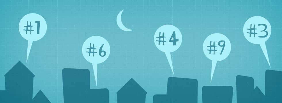 Illustration: a skyline of houses with numbered speech bubbles under a crescent moon.