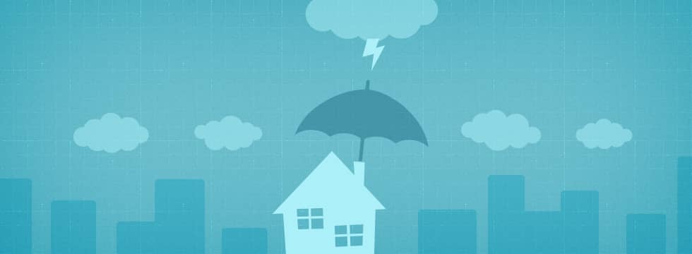 Illustration: a house sheltered by an umbrella under a storm cloud.