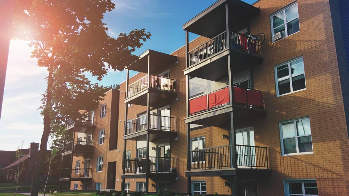 A four-storey brick walk-up with stacked balconies, lit by a low sun flaring through a tree.